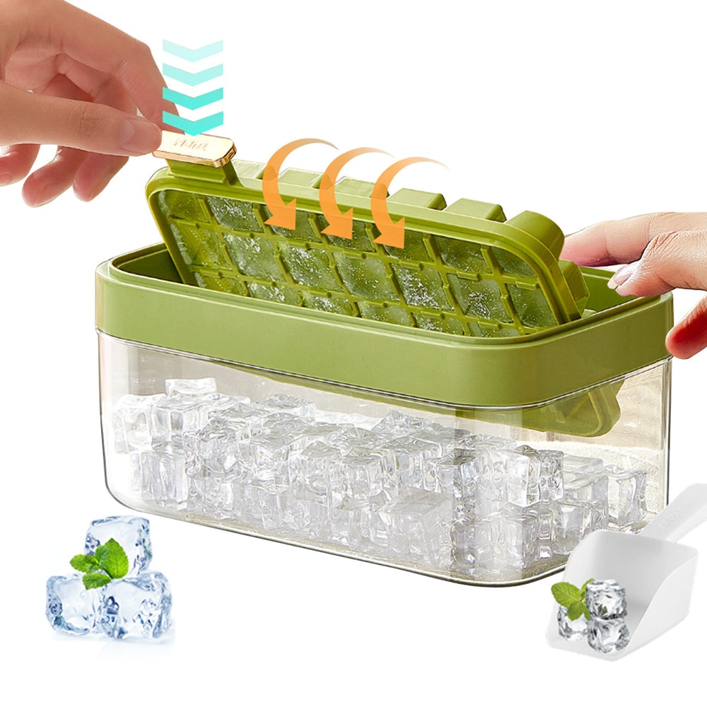 Rotating Ice Cube Tray with Lid and Bin，28 Pcs Mini Ice Cube Trays with Scoop， Ice Maker for Small Freezer, Kitchen Gadgets and Apartment Essentials, Easy-Release