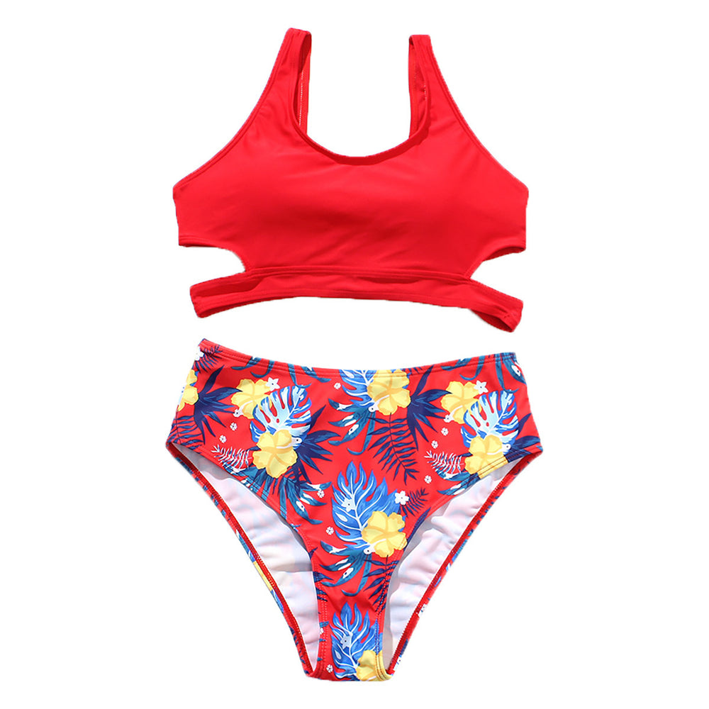 Ladies High Waist Solid Color Printed Swimsuit