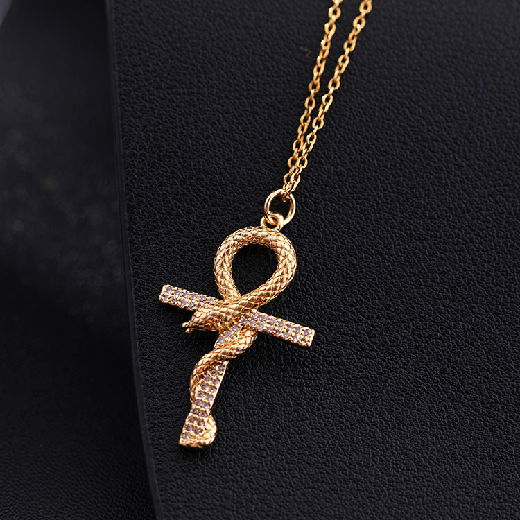 Fashion Copper Micro Inlay Winding Snake Cross Pendant Necklace