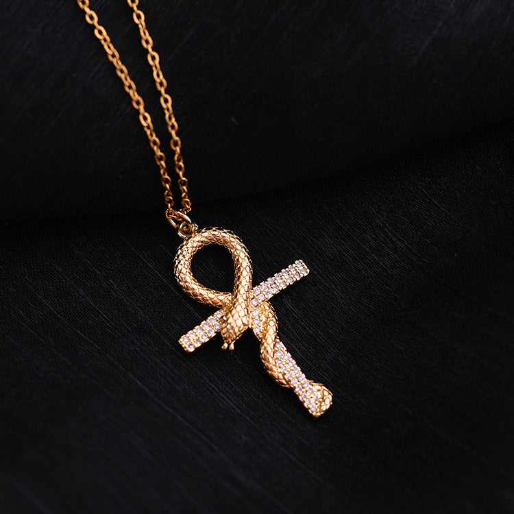 Fashion Copper Micro Inlay Winding Snake Cross Pendant Necklace