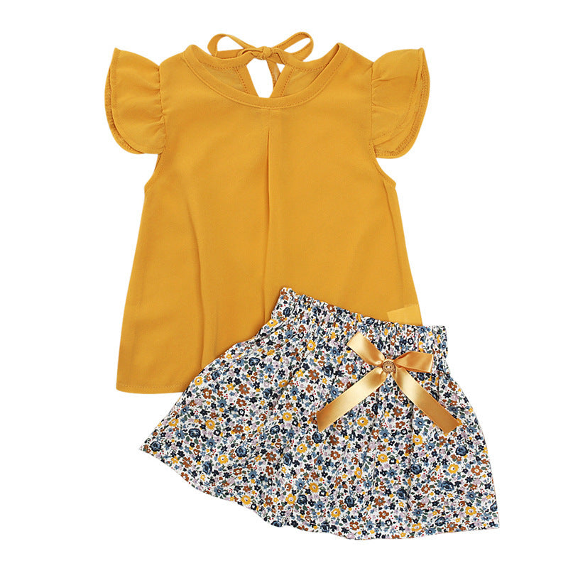 Children's European And American Summer Girls Small Fly Sleeve Top + Bow Floral Skirt Two-piece Children's Clothing Ins