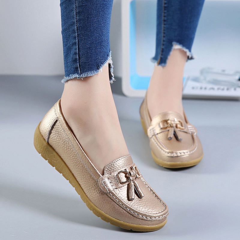 Spring Mom Shoes Single-layer Shoes Women's Flat Women's Peas Shoes Genuine Leather Flat Heel Soft Bottom Leather Shoes Plus Size Cross-border Foreign Trade Women's Shoes