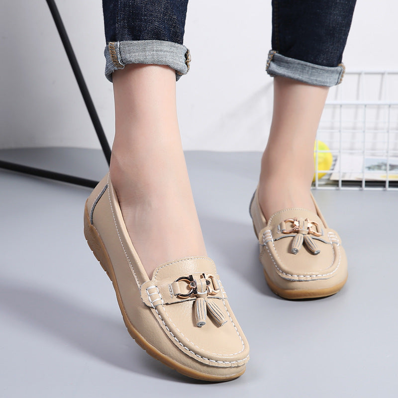 Spring Mom Shoes Single-layer Shoes Women's Flat Women's Peas Shoes Genuine Leather Flat Heel Soft Bottom Leather Shoes Plus Size Cross-border Foreign Trade Women's Shoes