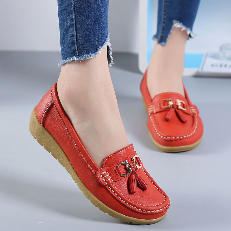 Spring Mom Shoes Single-layer Shoes Women's Flat Women's Peas Shoes Genuine Leather Flat Heel Soft Bottom Leather Shoes Plus Size Cross-border Foreign Trade Women's Shoes