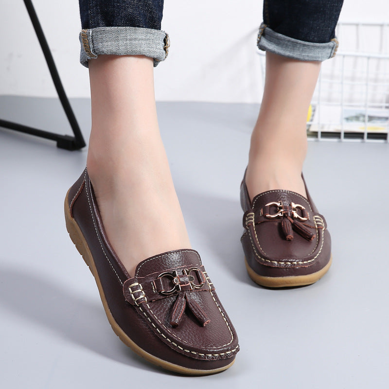 Spring Mom Shoes Single-layer Shoes Women's Flat Women's Peas Shoes Genuine Leather Flat Heel Soft Bottom Leather Shoes Plus Size Cross-border Foreign Trade Women's Shoes