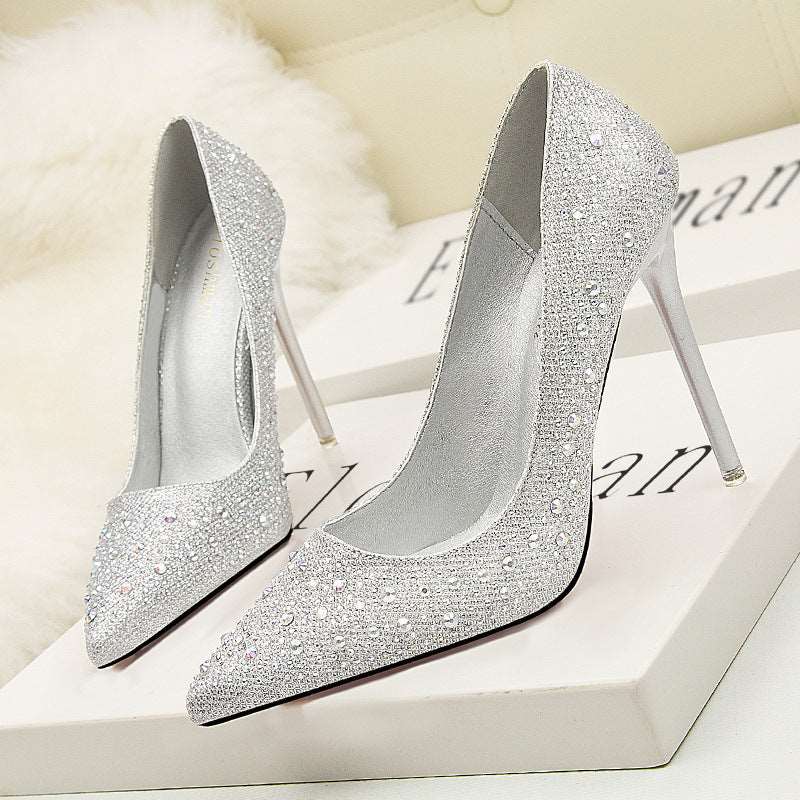 305-1 Korean Fashion Sweet And Elegant Thin Heel High Heel Shallow Mouth Thin Pointed Colored Diamond Rhinestone Wedding Shoes