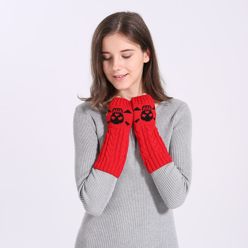 Warm Twisted Skull Knit Short Gloves With Wool