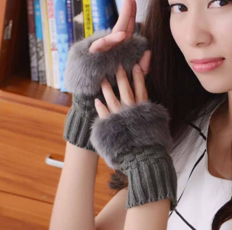 Solid color gloves winter plush wool warm gloves half finger gloves