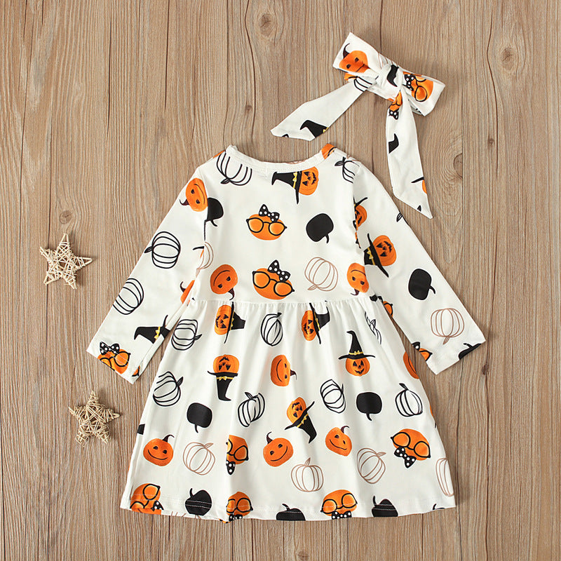 Children's European And American Spring And Autumn Fashionable Girl's Halloween Pumpkin Pattern Long-sleeved Dress Set Ins