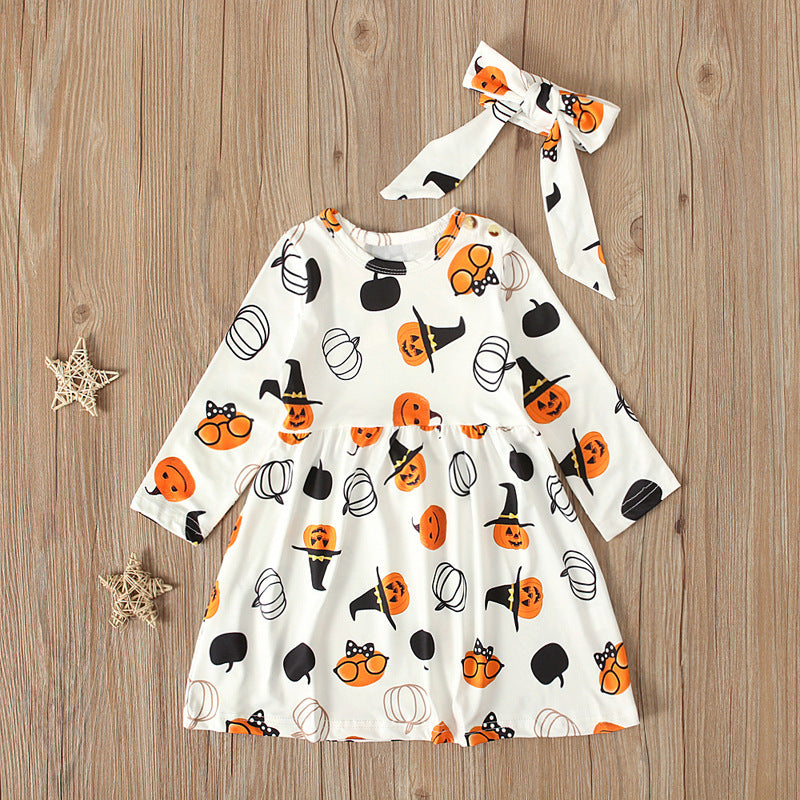 Children's European And American Spring And Autumn Fashionable Girl's Halloween Pumpkin Pattern Long-sleeved Dress Set Ins