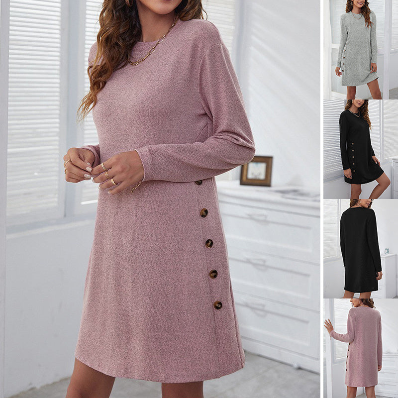 Long-sleeved Round-neck Straight Dress Fashion Casual Loose Solid Color Dress For Women Fall Spring Clothing