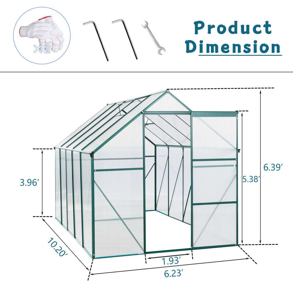 6X10FT Polycarbonate Greenhouse Raised Base and Anchor Aluminum Heavy Duty Walk-in Greenhouses for Outdoor Backyard in All Season