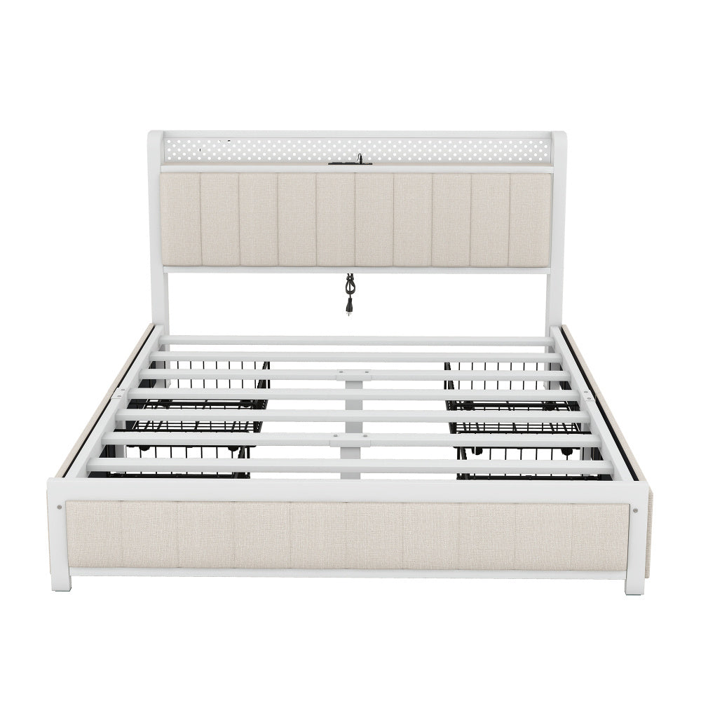 Queen Bed Frame with LED Headboard, Upholstered Bed with 4 Storage Drawers and USB Ports, Beige