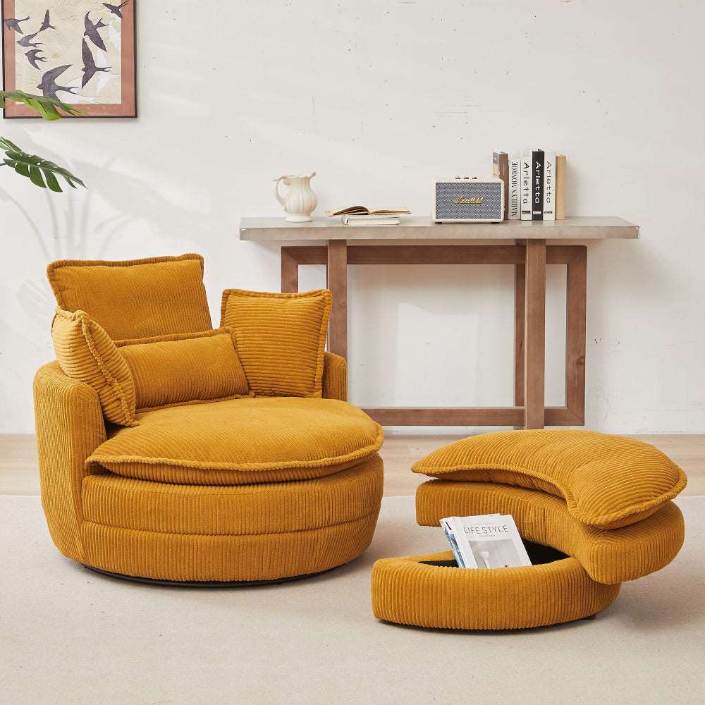 38"W Oversized Swivel Chair with moon storage ottoman for Living Room, Modern Accent Round Loveseat Circle Swivel Barrel Chairs for Bedroom Cuddle Sofa Chair Lounger Armchair, 4 Pillows,CORDUROY