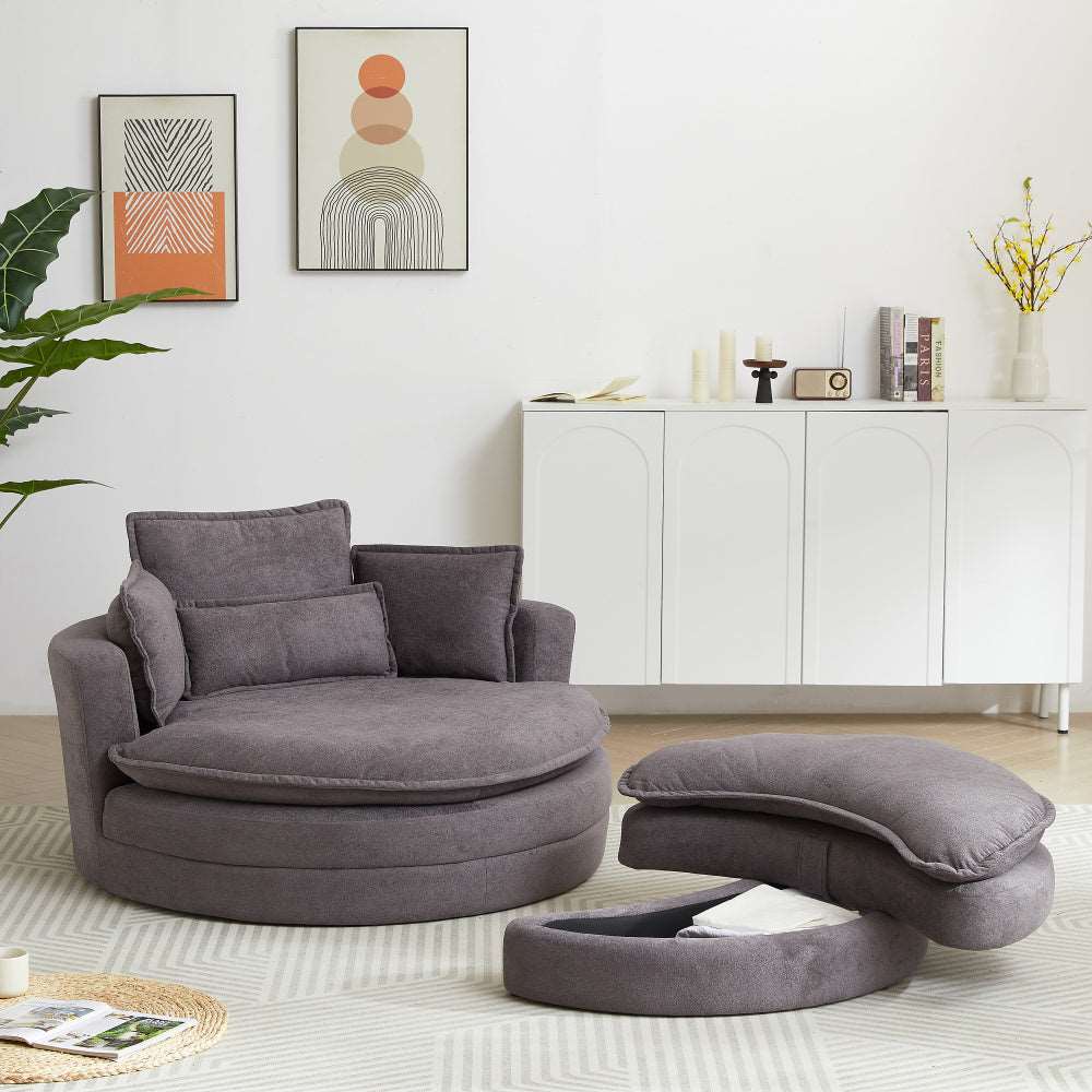 52' Swivel Accent Barrel Modern Grey Sofa Lounge Club Big Round Chair with Storage Ottoman chenille Fabric for Living Room Hotel with 4 Pillows