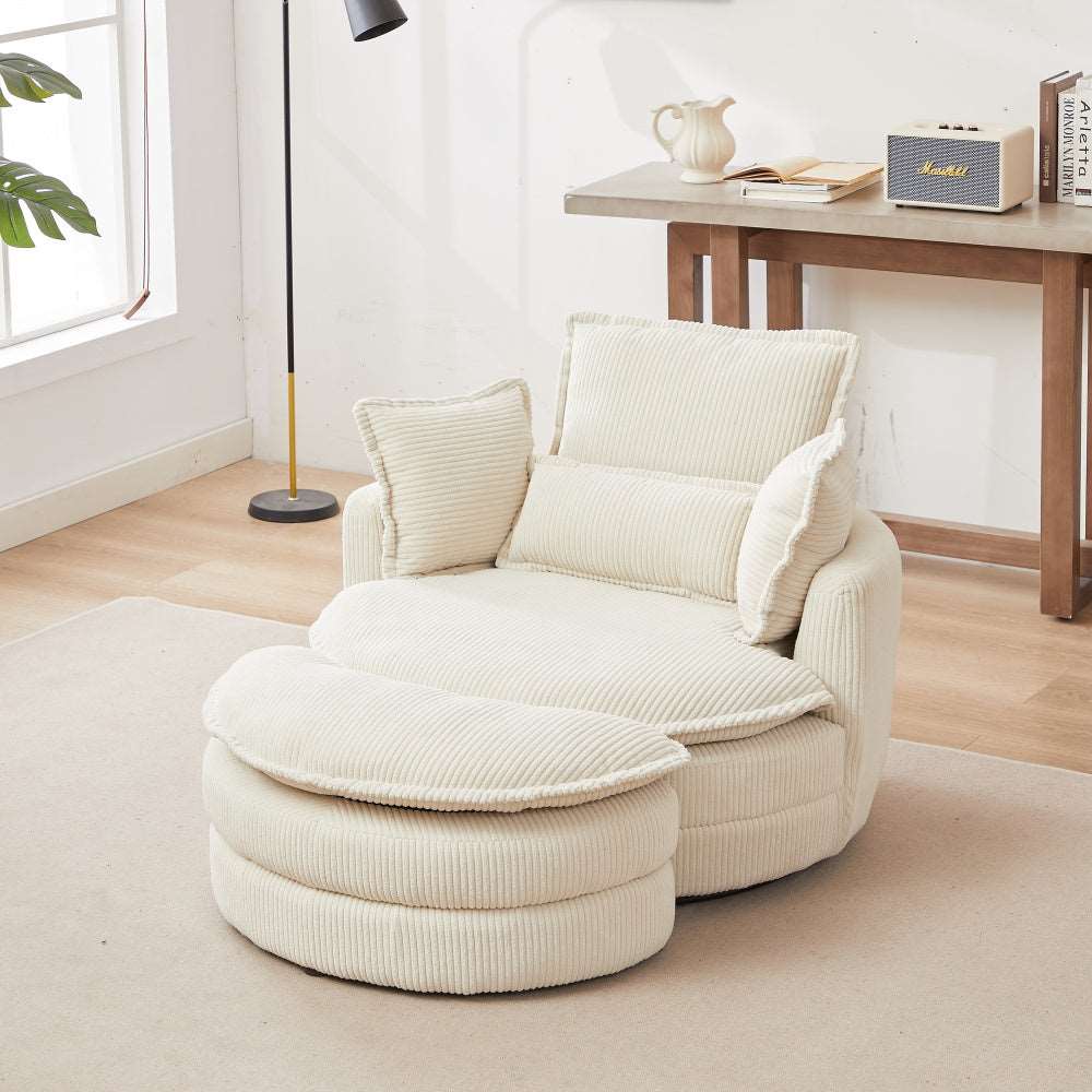 38"W Oversized Swivel Chair with moon storage ottoman for Living Room, Modern Accent Round Loveseat Circle Swivel Barrel Chairs for Bedroom Cuddle Sofa Chair Lounger Armchair, 4 Pillows,CORDUROY