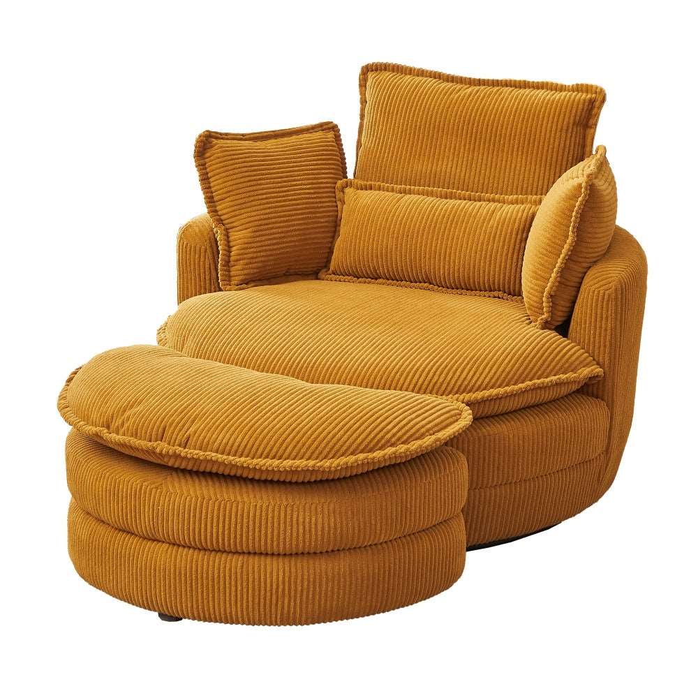 38"W Oversized Swivel Chair with moon storage ottoman for Living Room, Modern Accent Round Loveseat Circle Swivel Barrel Chairs for Bedroom Cuddle Sofa Chair Lounger Armchair, 4 Pillows,CORDUROY