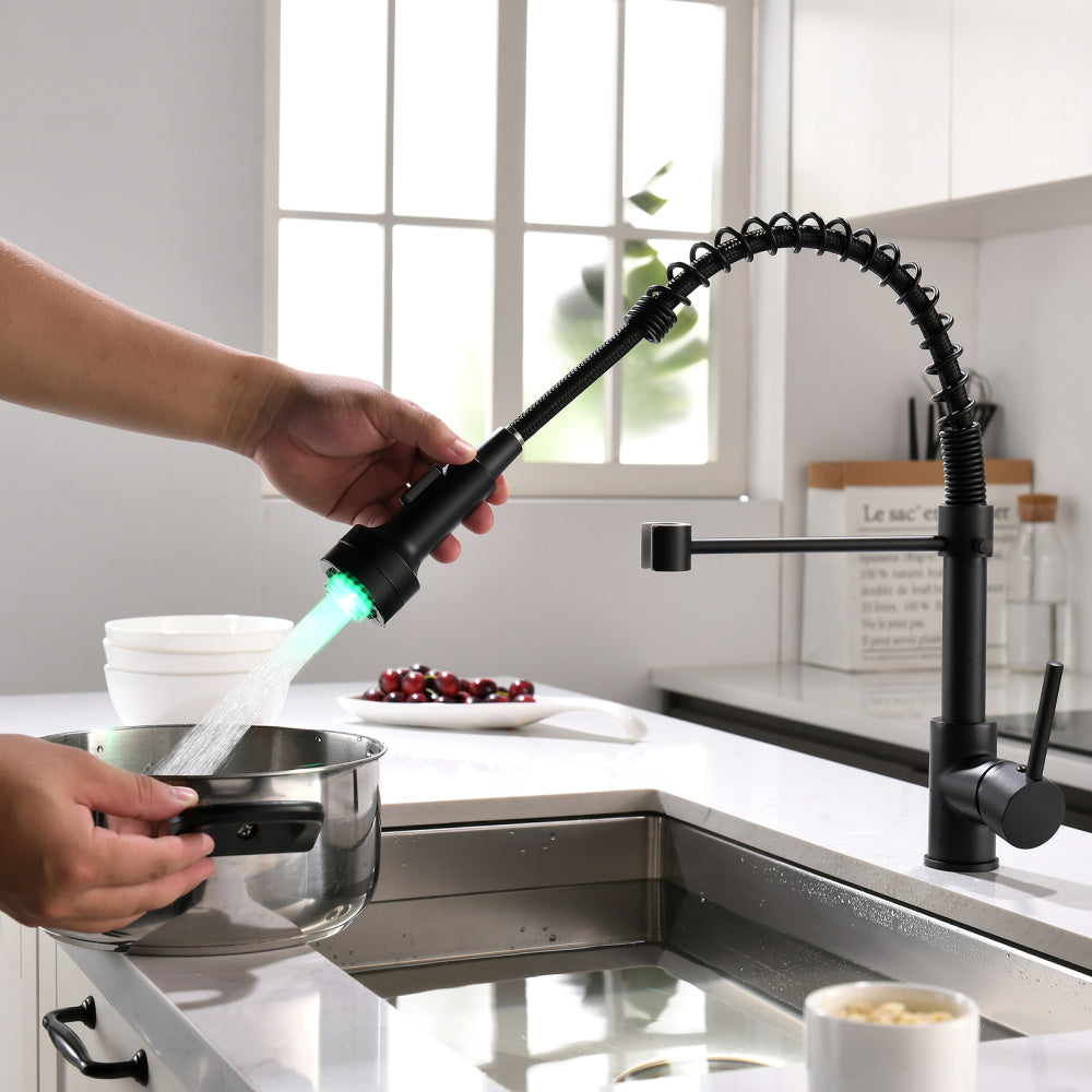 LED Commercial Kitchen Faucet with Pull Down Sprayer, Single Handle Single Lever Kitchen Sink Faucet