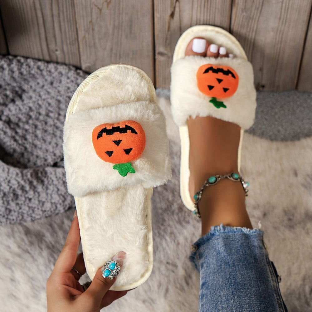 Halloween Cute Pumpkin Plush Slippers Home Indoor Open Toe Shoes Winter Warm Bedroom Slippers For Women