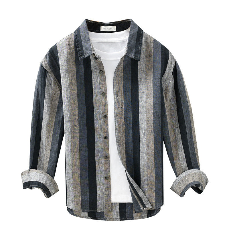 Striped Color Matching Long Linen Sleeves Men's Shirt