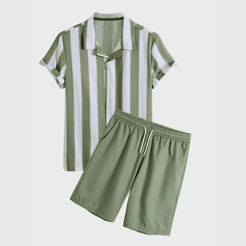 Men's Striped Beach Short Sleeved Shorts Set