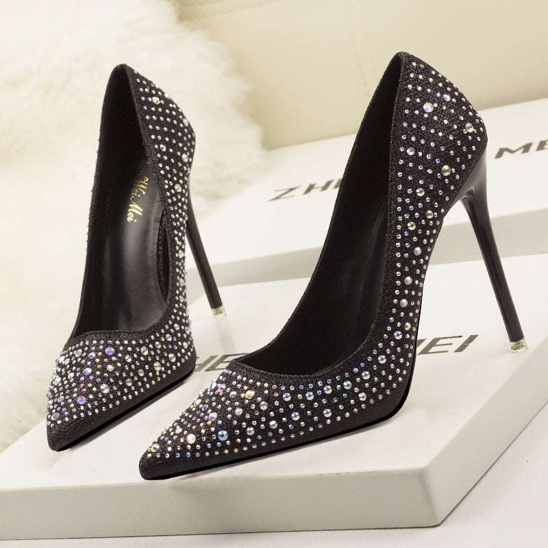 305-1 Korean Fashion Sweet And Elegant Thin Heel High Heel Shallow Mouth Thin Pointed Colored Diamond Rhinestone Wedding Shoes