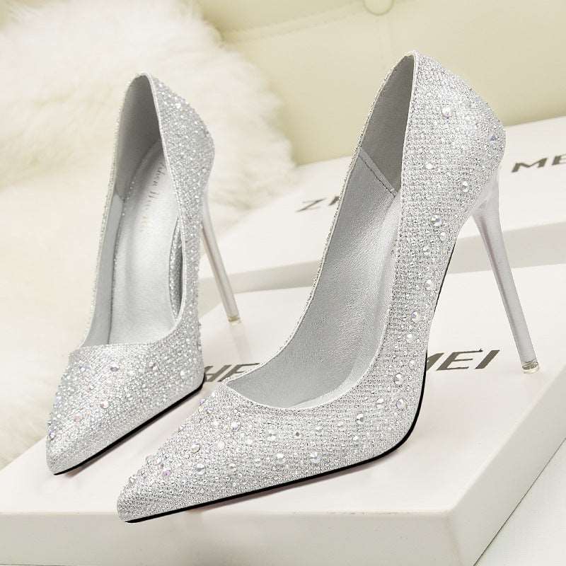 305-1 Korean Fashion Sweet And Elegant Thin Heel High Heel Shallow Mouth Thin Pointed Colored Diamond Rhinestone Wedding Shoes