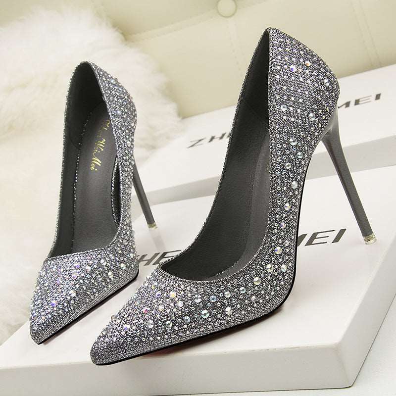 305-1 Korean Fashion Sweet And Elegant Thin Heel High Heel Shallow Mouth Thin Pointed Colored Diamond Rhinestone Wedding Shoes