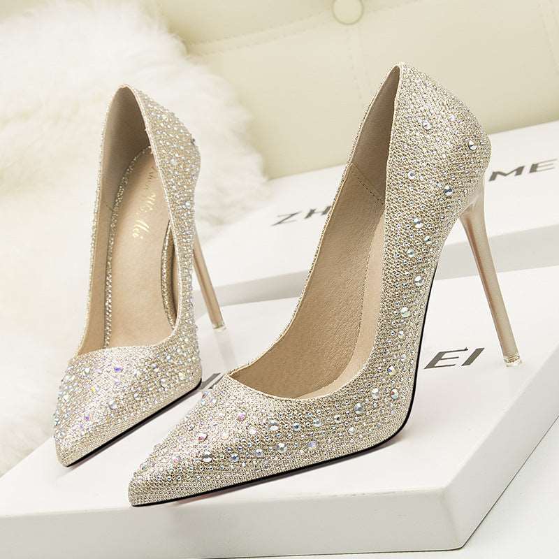 305-1 Korean Fashion Sweet And Elegant Thin Heel High Heel Shallow Mouth Thin Pointed Colored Diamond Rhinestone Wedding Shoes