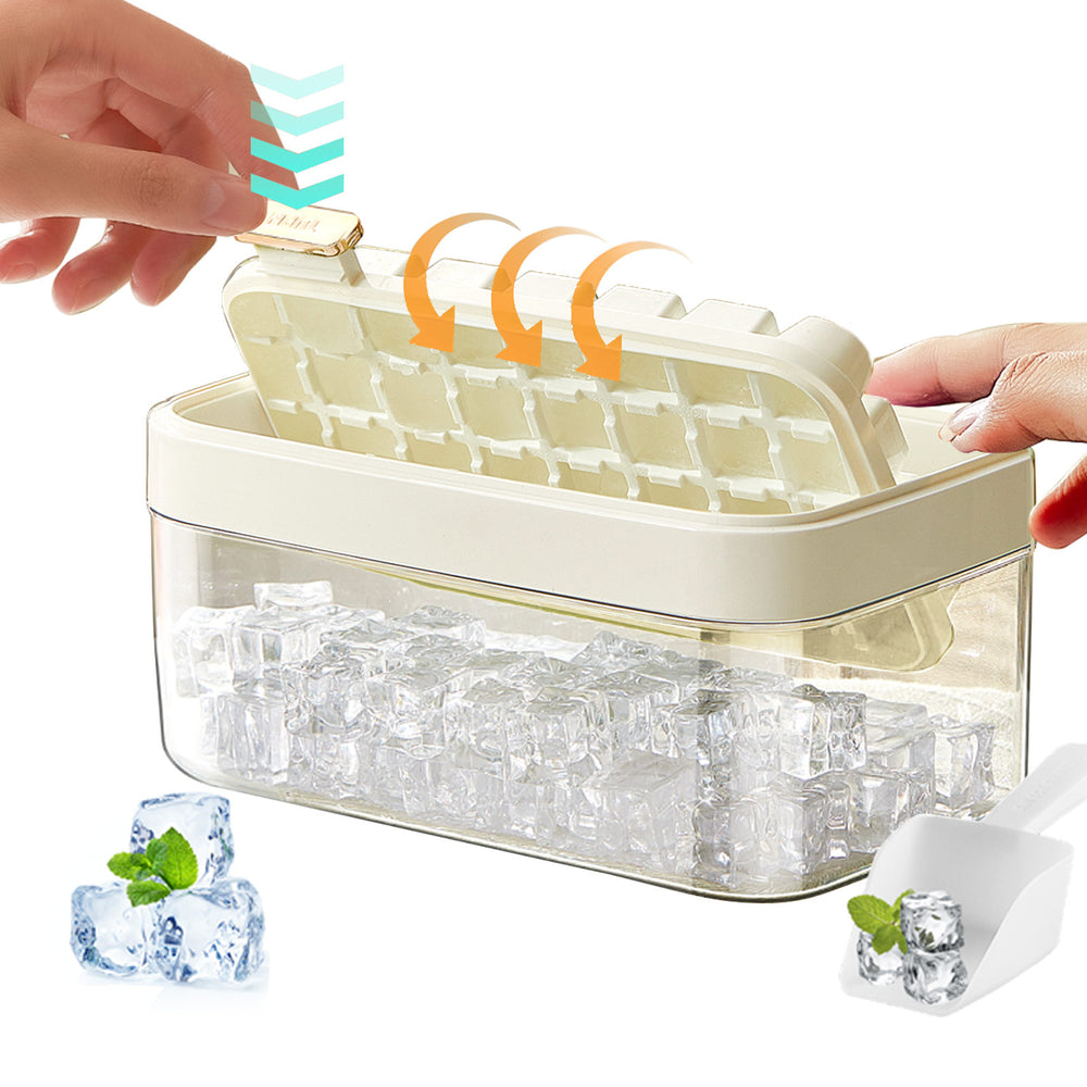 Rotating Ice Cube Tray with Lid and Bin，28 Pcs Mini Ice Cube Trays with Scoop， Ice Maker for Small Freezer, Kitchen Gadgets and Apartment Essentials, Easy-Release