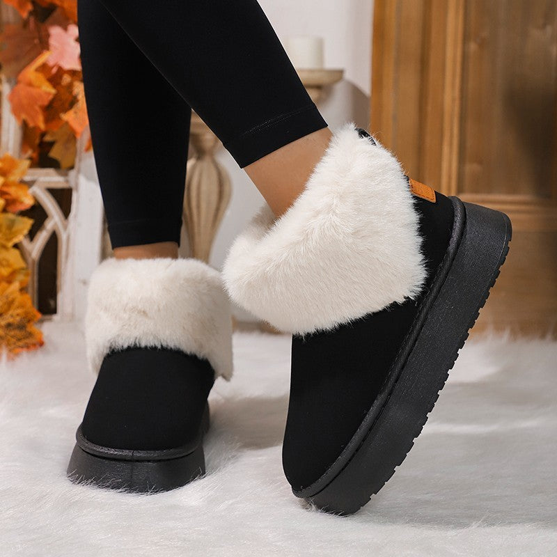 Winter Plush Snow Boots Fashion Round Toe Flat Thickened Suede Cotton Shoes For Women Casual Warm Short Boot