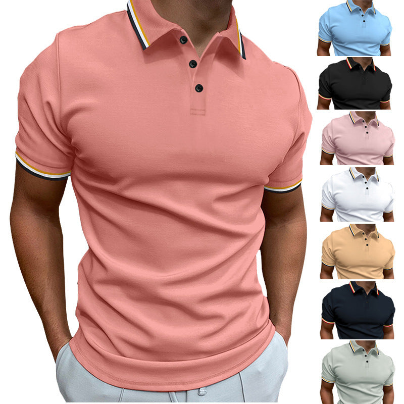 Men's Slim Polo Shirt Rib Striped T-shirt Top