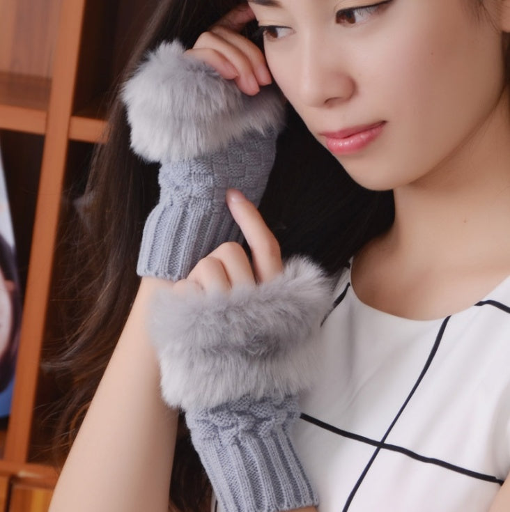 Solid color gloves winter plush wool warm gloves half finger gloves