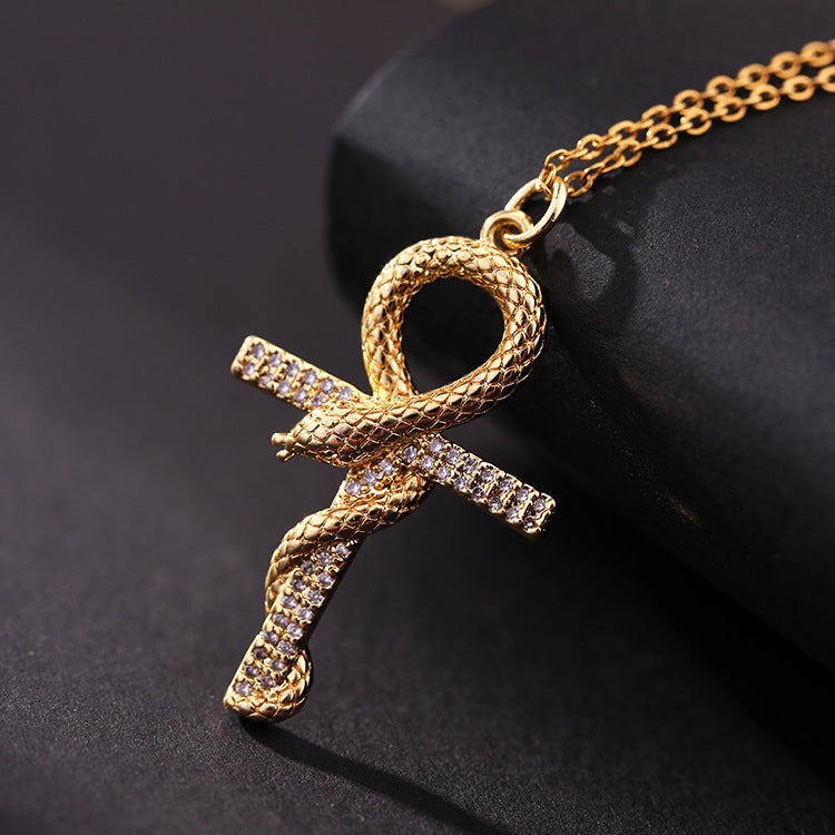 Fashion Copper Micro Inlay Winding Snake Cross Pendant Necklace