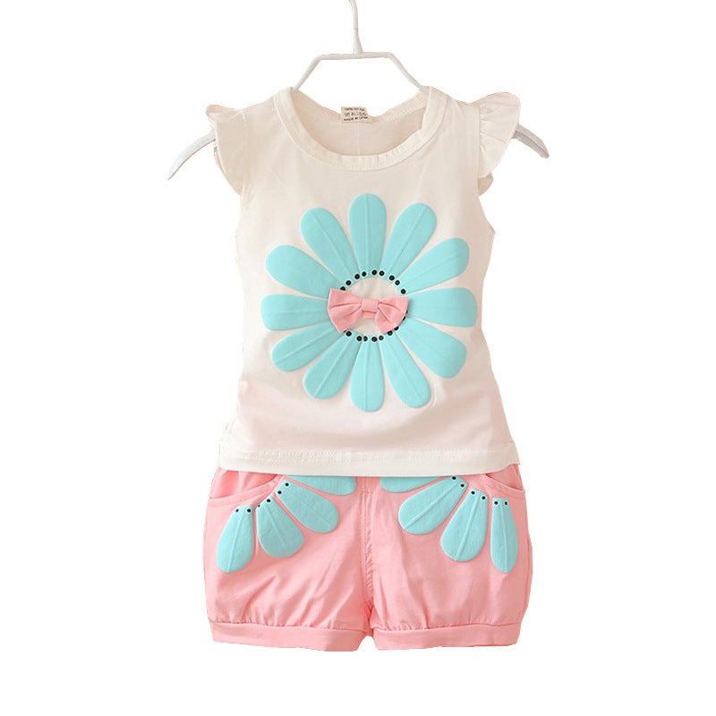 Korean Style Children's Wear Summer Wear Girl's Summer Cartoon Flower Vest Set Baby Girl's Shorts Two-Piece Fashionable Set For 0-4 Years Old