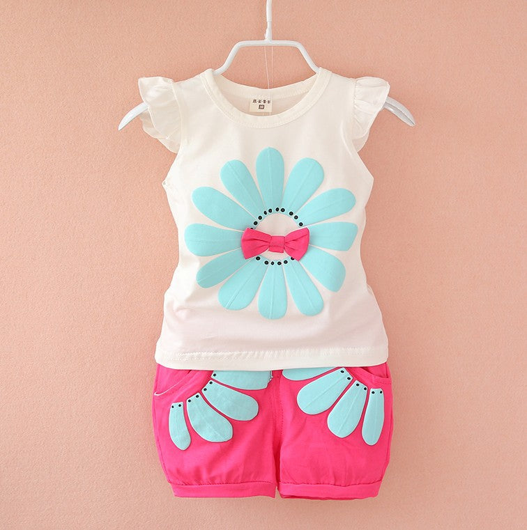 Korean Style Children's Wear Summer Wear Girl's Summer Cartoon Flower Vest Set Baby Girl's Shorts Two-Piece Fashionable Set For 0-4 Years Old