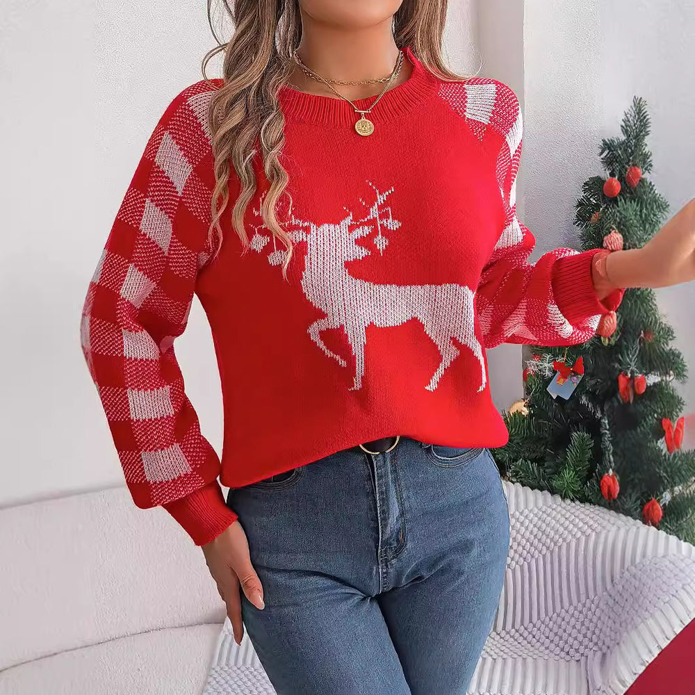 Christmas Women's Casual Plaid Deer Long Sleeve Pullover Sweater