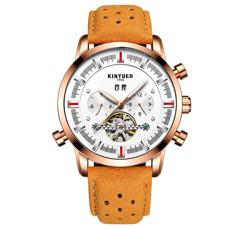 KINYUED Men's Mechanical Watch Multifunctional Double Calendar Automatic Tourbillon Hollow Mechanical Watch