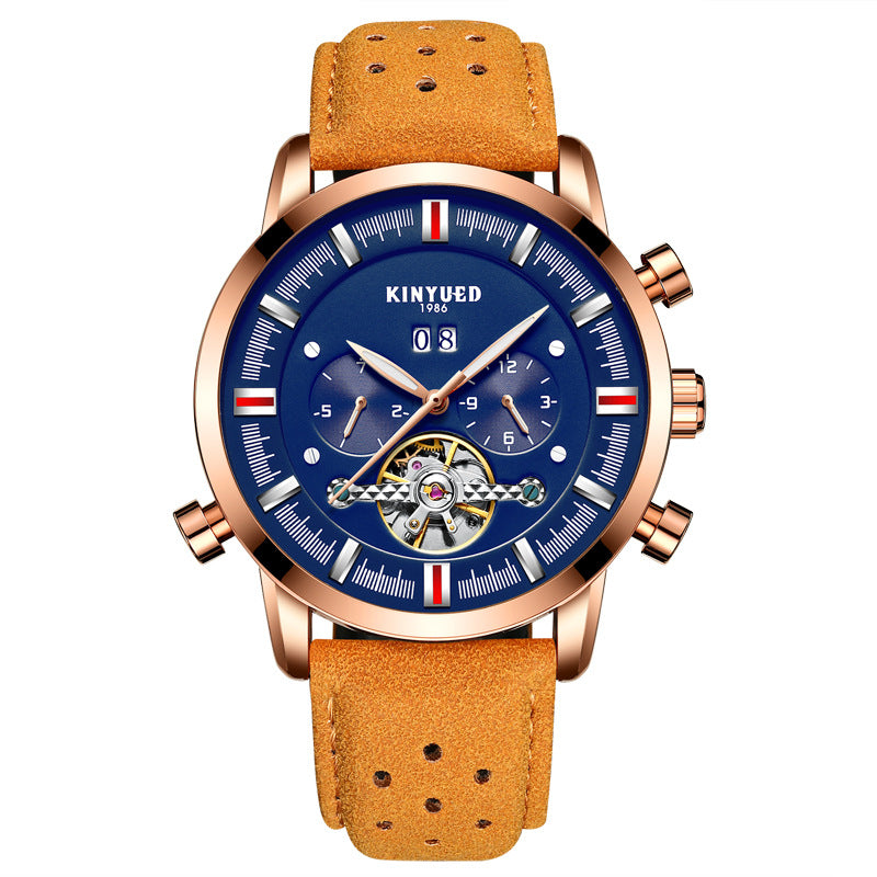 KINYUED Men's Mechanical Watch Multifunctional Double Calendar Automatic Tourbillon Hollow Mechanical Watch