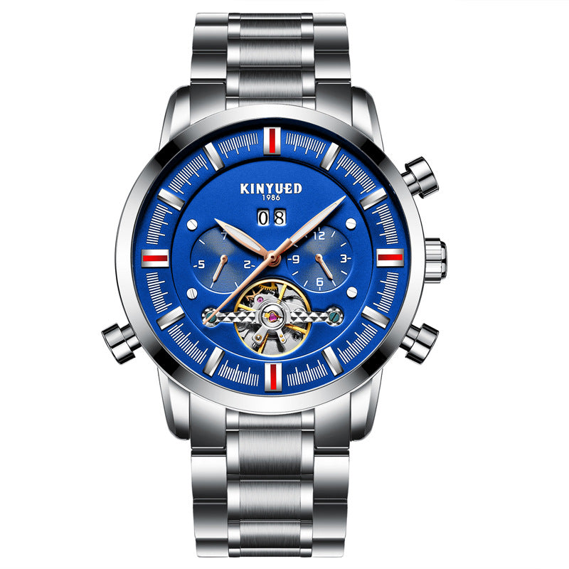 KINYUED Men's Mechanical Watch Multifunctional Double Calendar Automatic Tourbillon Hollow Mechanical Watch