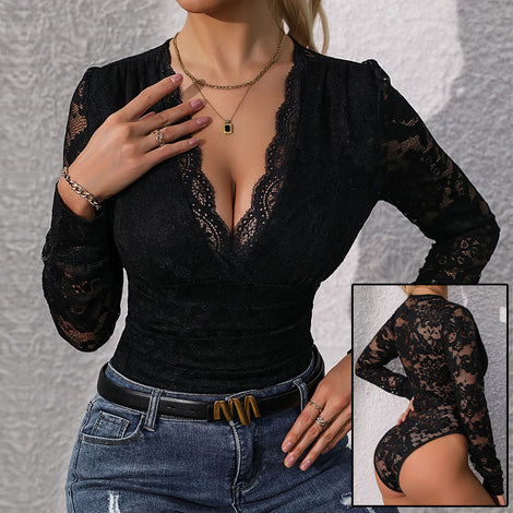 Women's Lace Up Long Sleeve Bodysuit Romper Sexy Deep V Neck Snap Croth Leotard Tee Top For Women