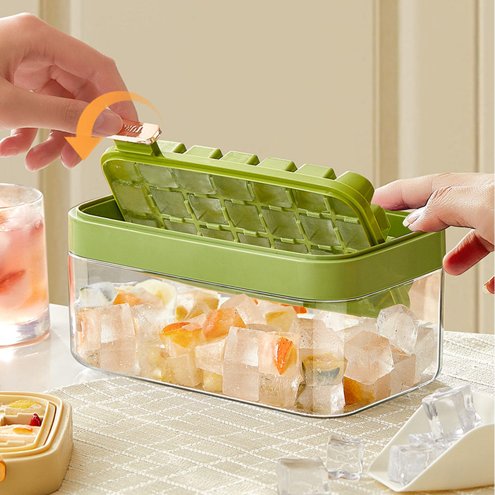 Rotating Ice Cube Tray with Lid and Bin，28 Pcs Mini Ice Cube Trays with Scoop， Ice Maker for Small Freezer, Kitchen Gadgets and Apartment Essentials, Easy-Release