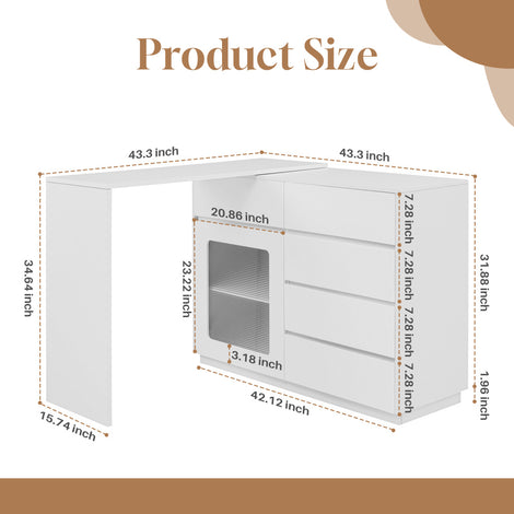 44&quot;-85&quot; White L Shaped Desk with Drawers, 360 Rotating L Shape Computer Desk with Storage Cabinet, Corner Home Office Desk Computer Table
