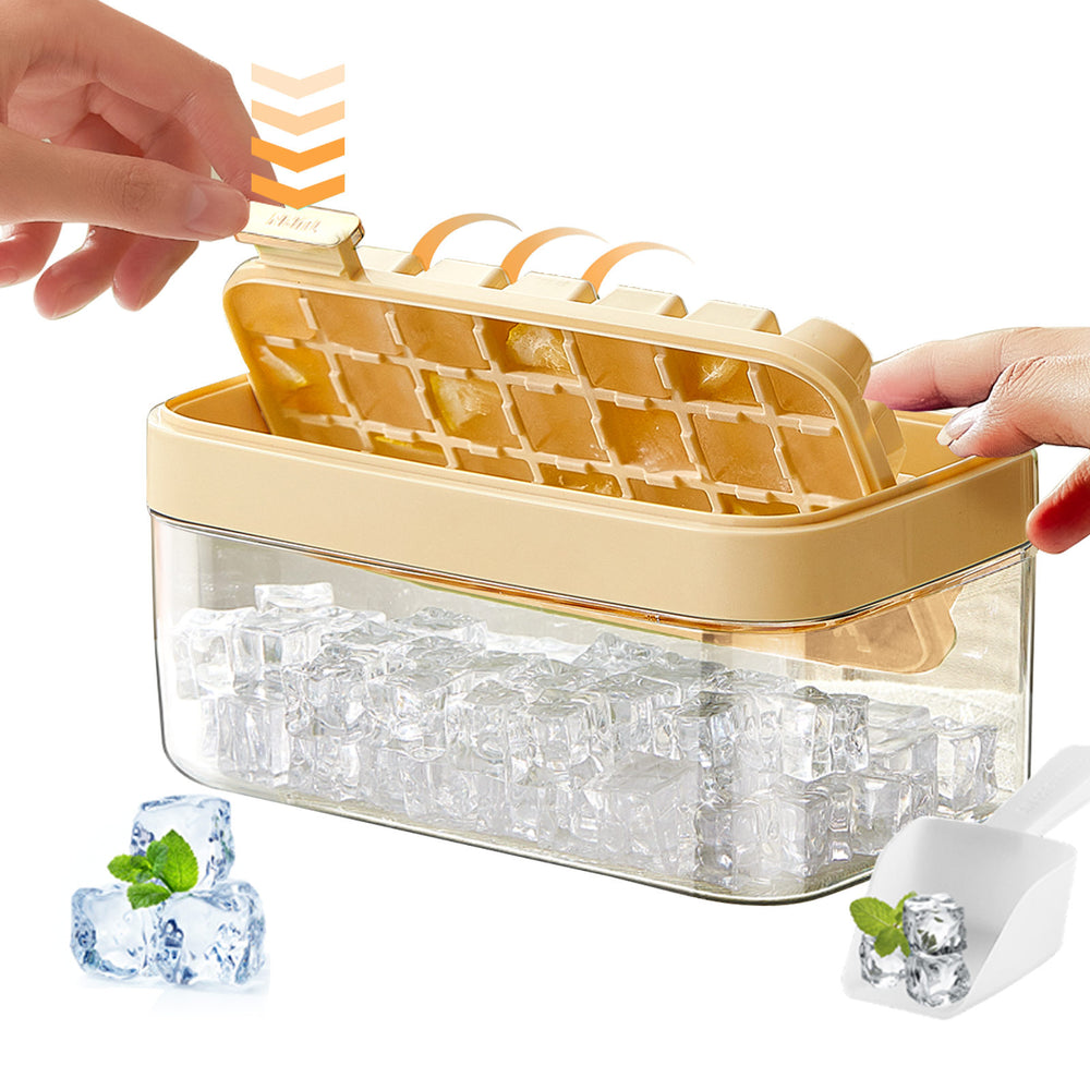 Rotating Ice Cube Tray with Lid and Bin，28 Pcs Mini Ice Cube Trays with Scoop， Ice Maker for Small Freezer, Kitchen Gadgets and Apartment Essentials, Easy-Release