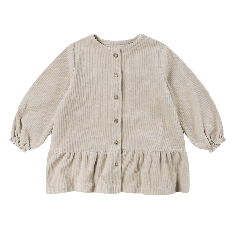 Autumn New Children's Long-sleeved Corduroy Dress Round Neck Front Open Cuff Elastic Hem Pleated Girls' Skirt