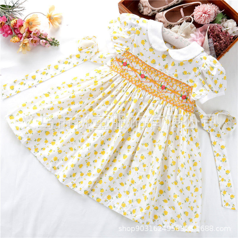 Girls' Short-sleeved Dress Handmade Embroidered Floral European And American Cross-border Children's Wear C221678