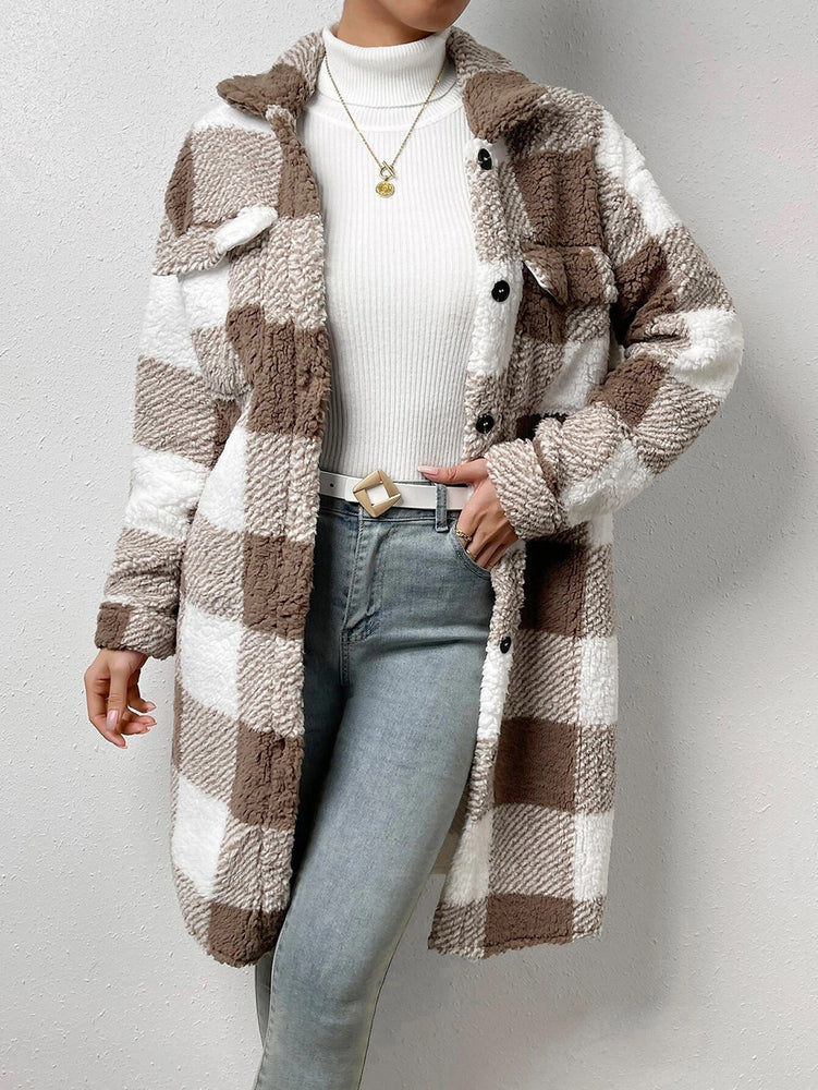 Cross-border Amazon European And American Autumn And Winter Open Button Lapel Plush Plaid Coat Loose Temperament Commuter Long Coat For Women