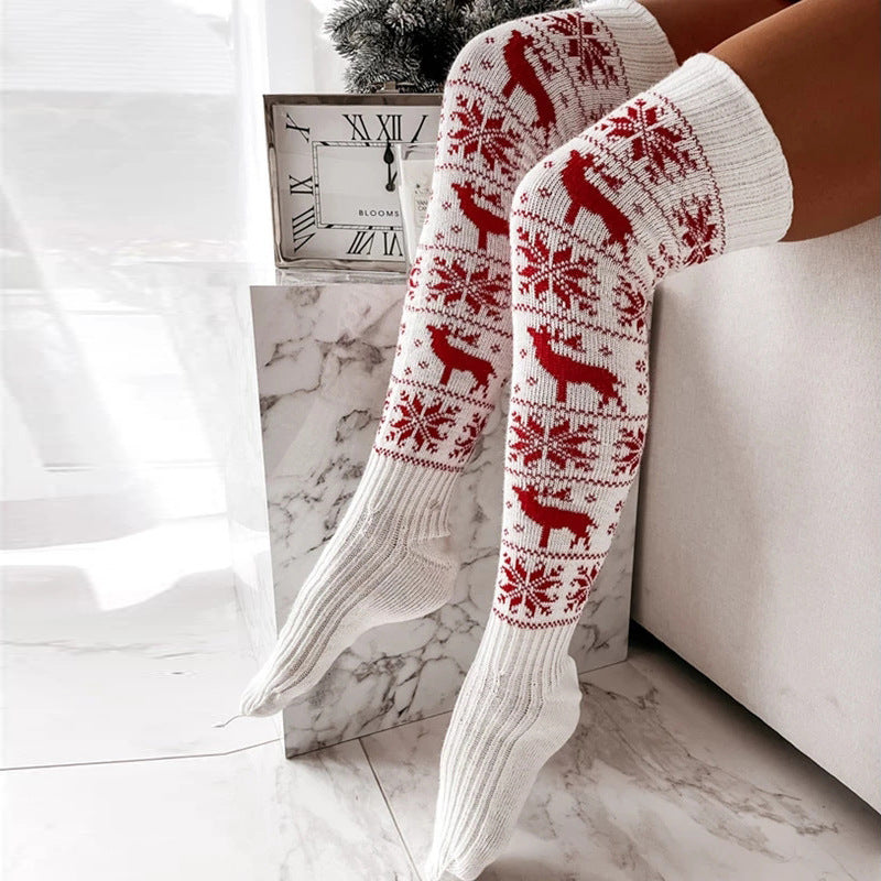 Christmas Knitted Wool Stockings For Women Elk Snowflake Jacquard Knee-high Pile Socks Floor Stockings