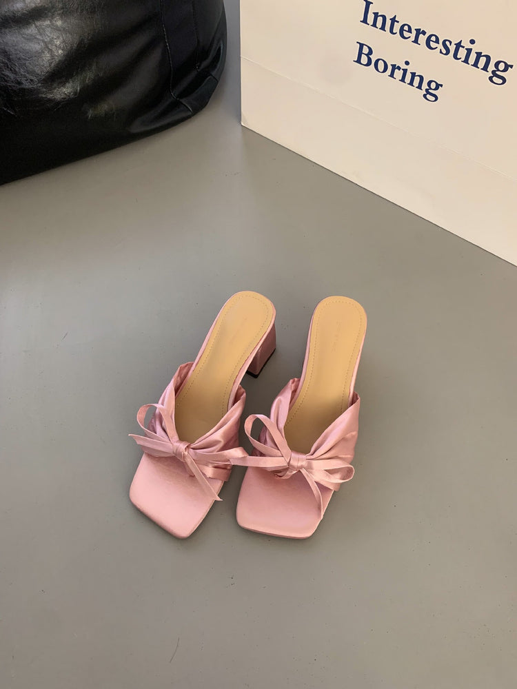 Square Toe Open Toe Satin Thick Heel High Heel Slippers 2024 Spring New Dongdaemun Versatile Simple Sandals And Slippers