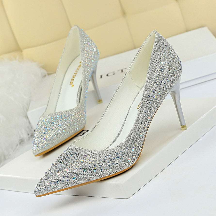 9219-A22 Korean Fashion Wedding Shoes High Heels Stiletto Heel High Heel Shallow Mouth Pointed Sexy Banquet Rhinestone Shoes